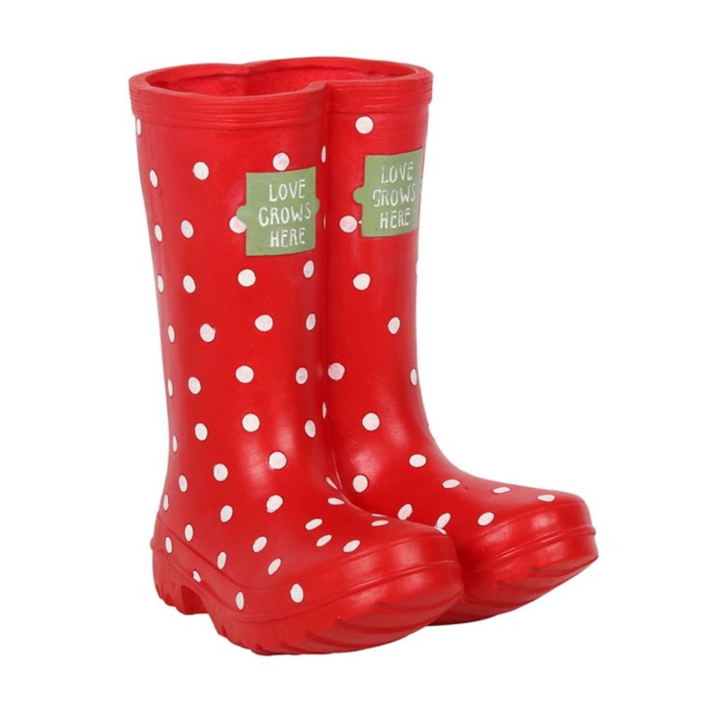 The Red Welly Boot Planter, featuring white polka dots and a green patch that reads "Love Grows Here," serves as a delightful garden decoration. This planter adds a touch of whimsy to any outdoor area.