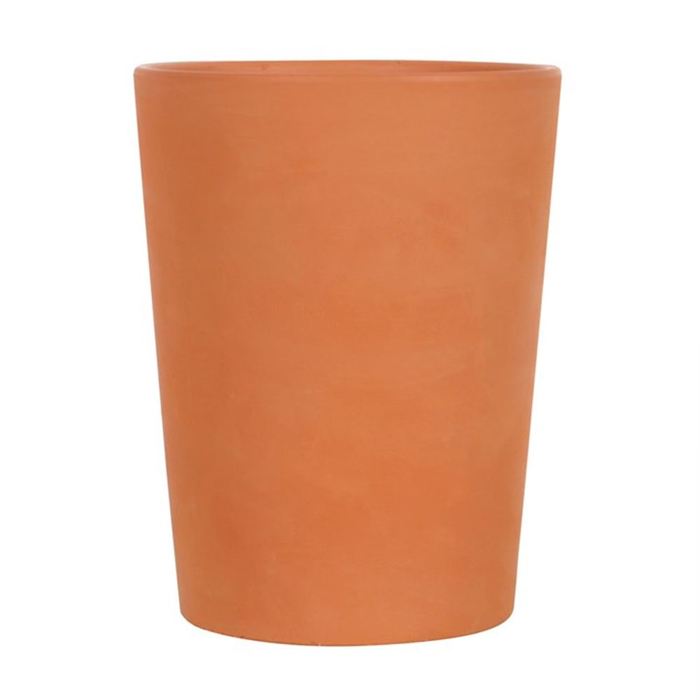 The 16cm Green Goddess Terracotta Plant Pot, tall and cylindrical with a smooth surface, stands elegantly against a plain white background, capturing the essence of Mother Earth.