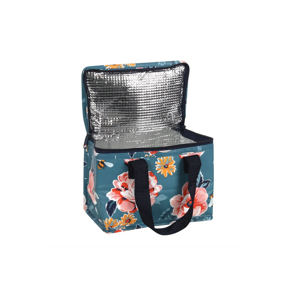 The Bee-utiful Floral Lunch Bag reveals a vibrant floral design with large pink and yellow flowers adorning a teal background. It features black handles and an open view of its silver reflective interior, meticulously crafted to keep food items cool. Additionally, this eco-friendly lunch bag is made from recycled plastic.