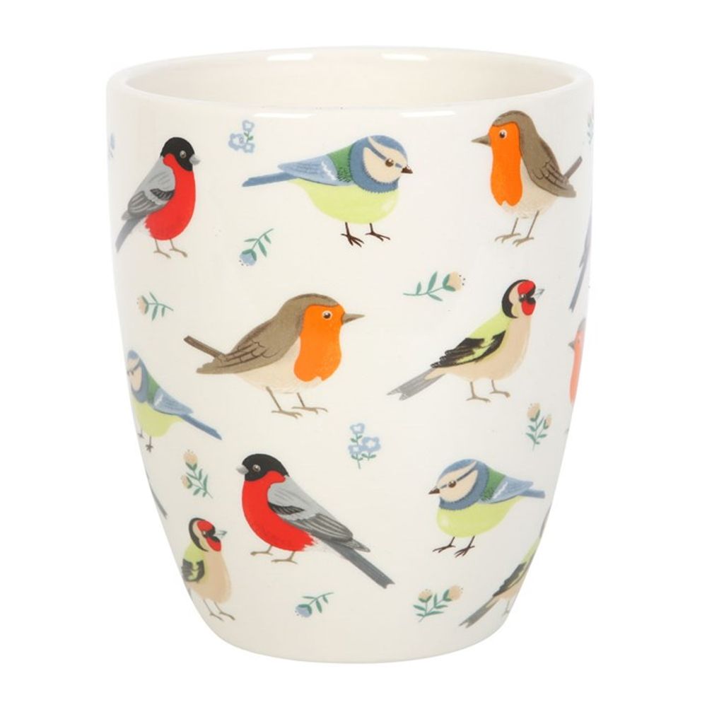 A white "British Garden Birds" ceramic plant pot features colorful illustrations of robins, bluebirds, and goldfinches amidst small flowers, making it an ideal gift for gardeners.