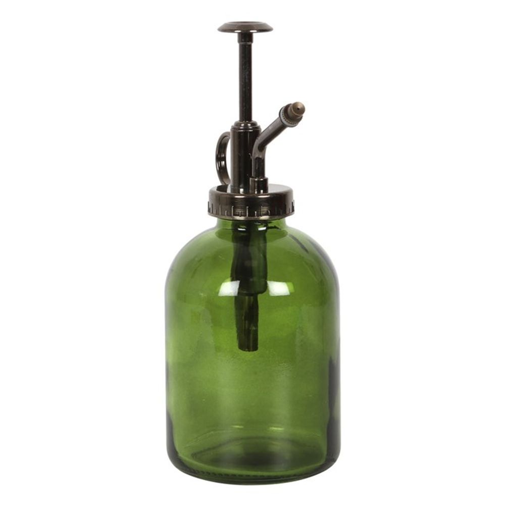 The Green Minimalist Glass Plant Mister features a vintage design with a reflective moss green glass bottle and a metal pump. Its screw-top lid centers the pump, while the nozzle angles slightly downward, making it ideal for any indoor garden.