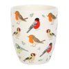 The cream-colored British Garden Birds Ceramic Plant Pot features vibrant robins, bullfinches, and goldfinches among blue and pink flowers, perfect for gardeners.