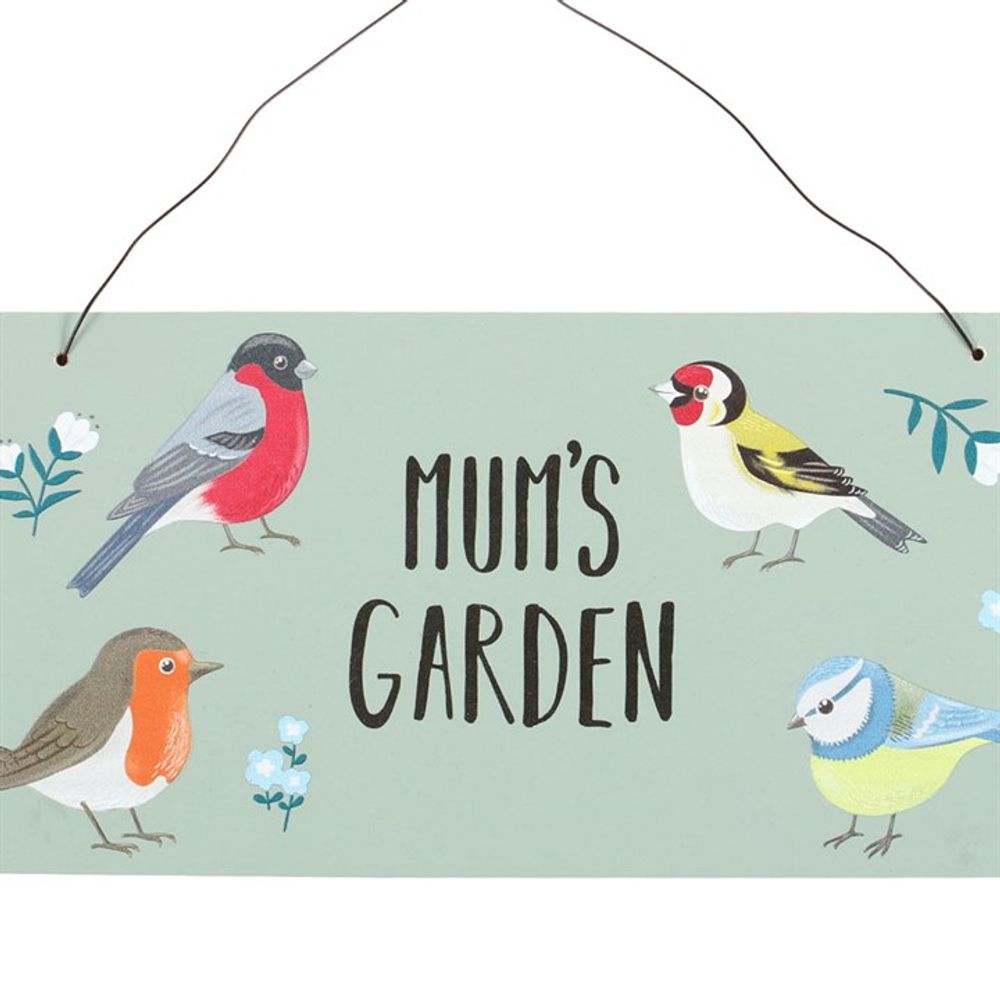 The "Mum's Garden British Garden Birds Sign" is a charming garden sign with delightful illustrations of a robin, bullfinch, goldfinch, and blue tit against a light green backdrop adorned with small white and blue flowers.