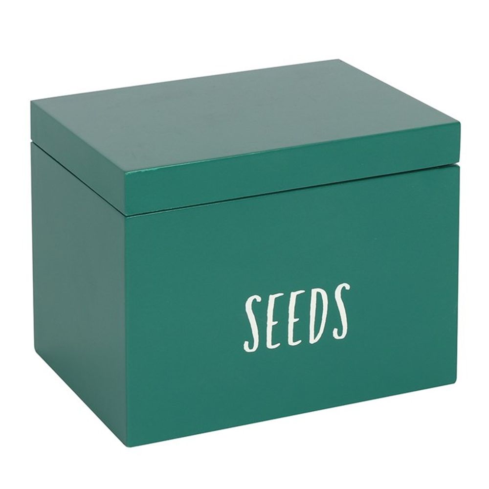 A green Seed Storage Box, featuring the word "SEEDS" in white capital letters on its front side, comes with a lid and dividers, making it perfect for organized seed storage.