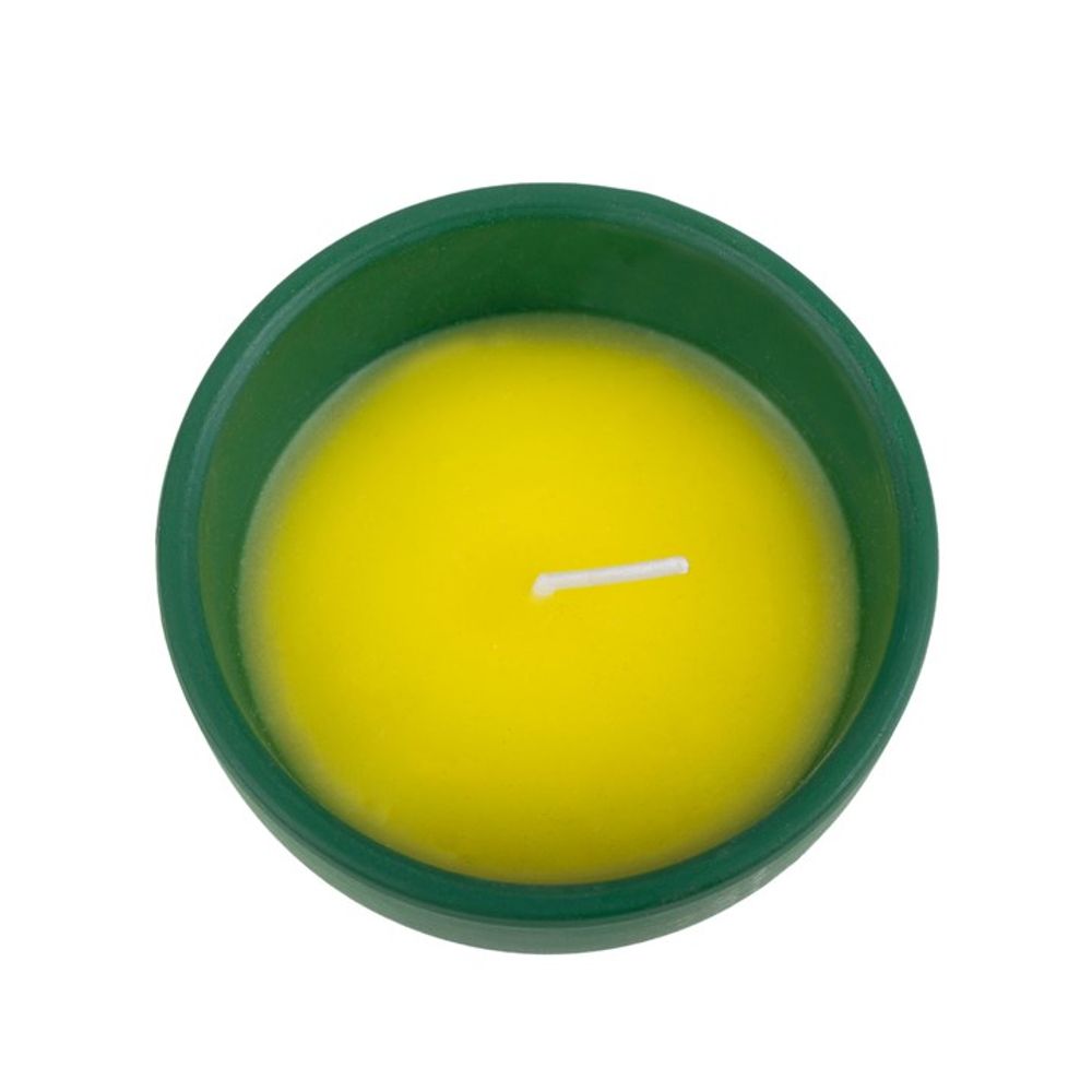 The "Thank You for Helping Me Grow" Citronella Candle, a small wax candle with a white wick in a green round holder, is seen from above—ideal for adding charm to your outdoor space.