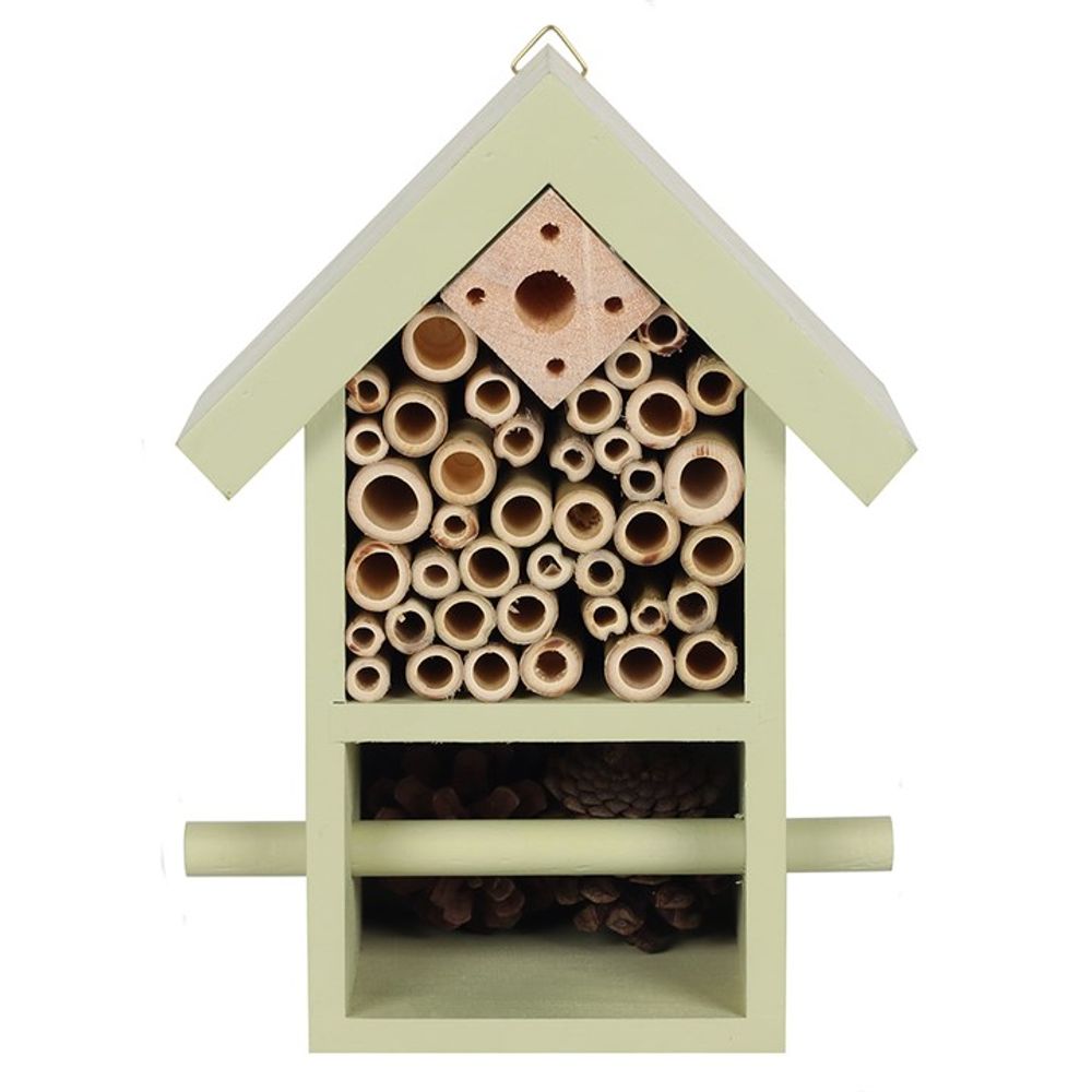 The Wooden Bug and Bee Hotel features a green, house-shaped design with bamboo tubes of various sizes and a pinecone compartment. Its triangular roof and wooden perches make it the perfect garden addition for insects.