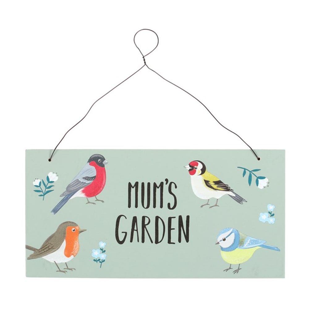 The "Mum's Garden British Garden Birds Sign" features four charming garden birds amid small flowers on a serene light green background, hanging from a thin wire.